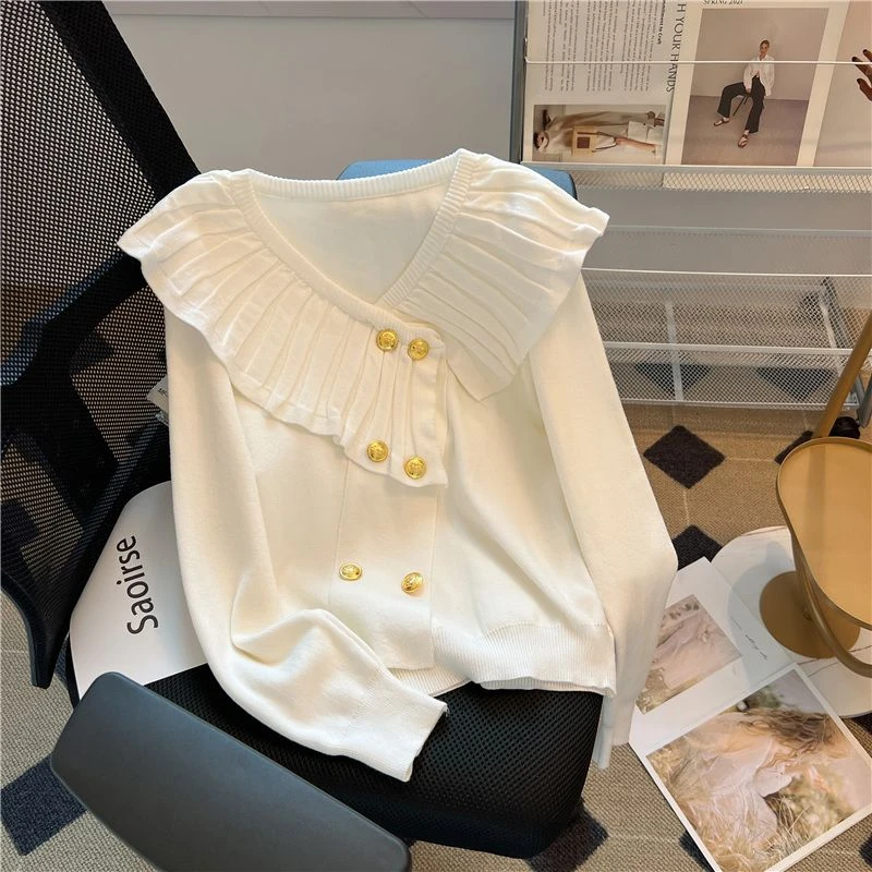 高端法式娃娃领针织衫女冬季不规则设计感毛衣薄款小香风上衣