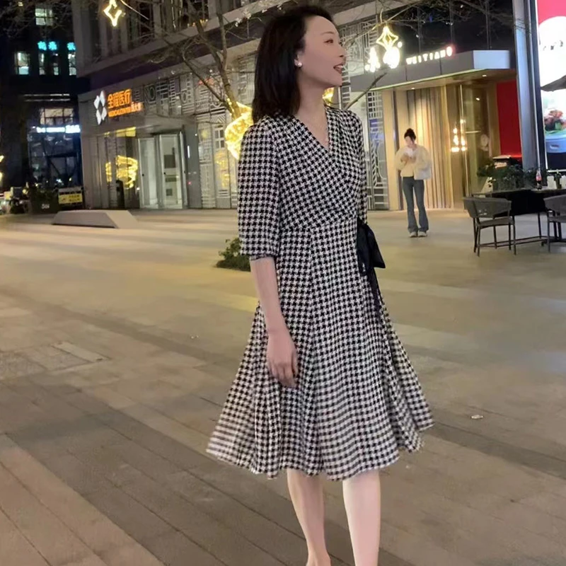 春夏装高贵上档次女装时尚千鸟格连衣裙中长款气质雪纺裙子23059