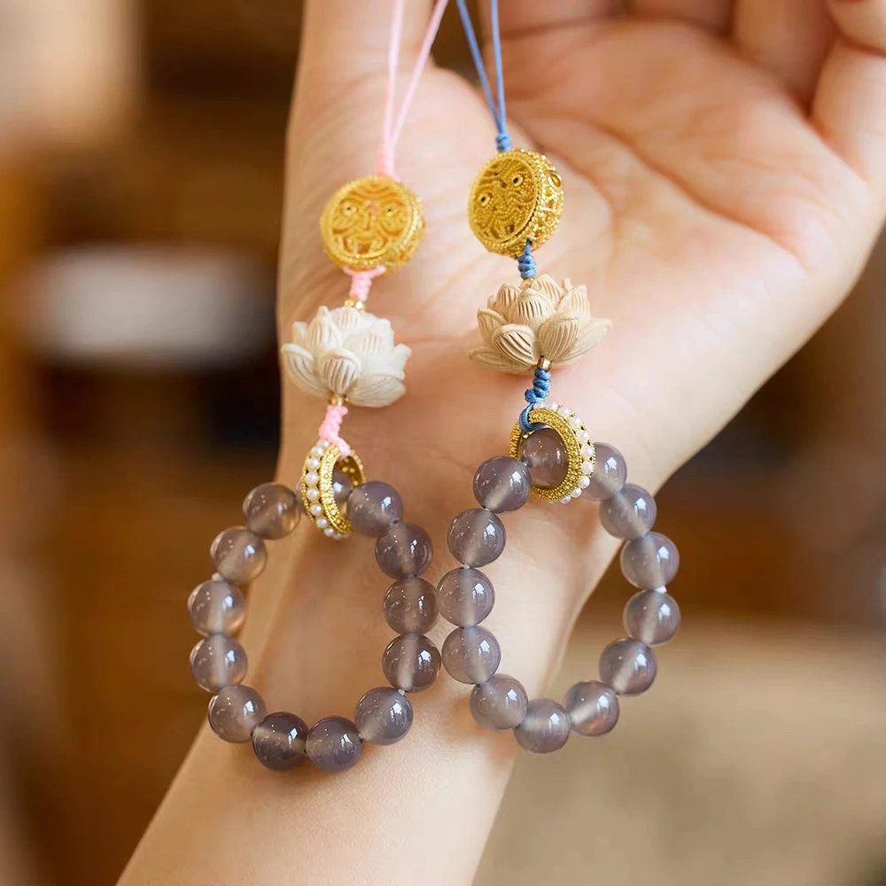 合金仿水晶吊坠 【永家】莲花瑙瑙黄姥爷吊坠 手机链钥匙挂坠