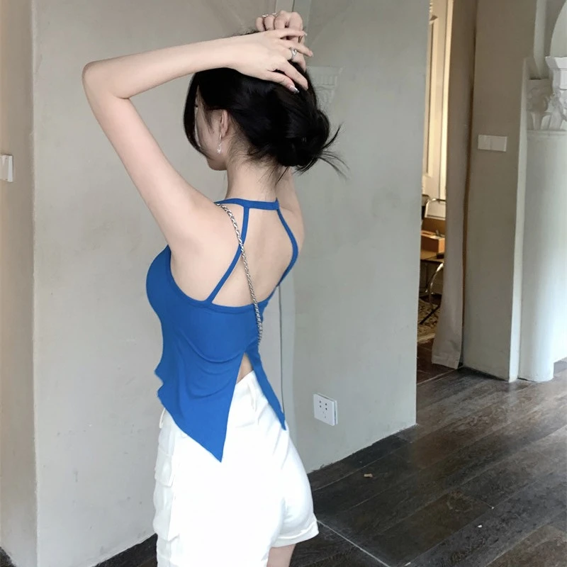 辣妹挂脖吊带背心夏季女外穿纯欲设计感后背开叉露背露脐短款上衣