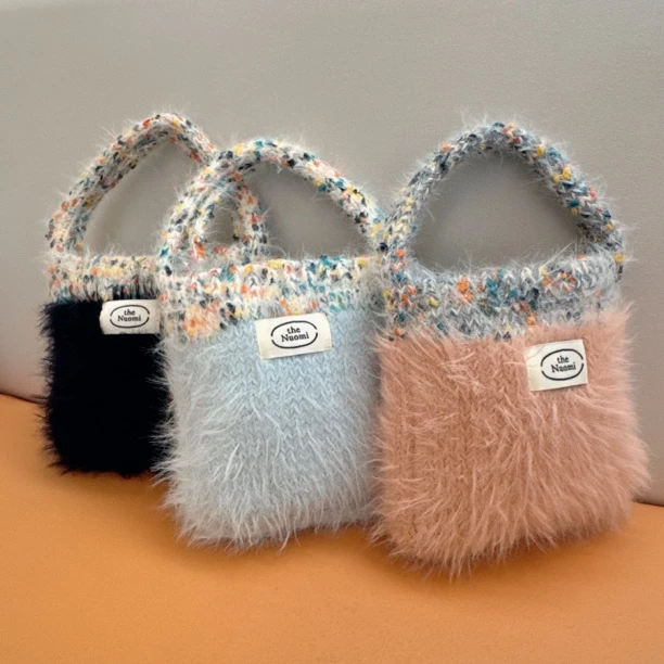 毛绒绒新款韩国小众儿童编织撞色百搭手提包包