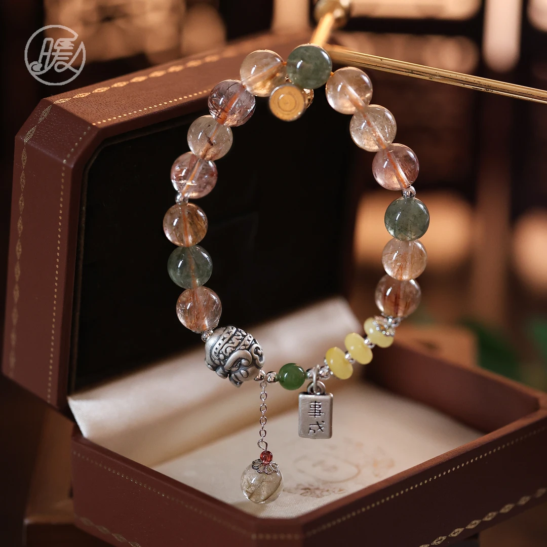 单圈彩发晶水晶手串9mm搭配大象配饰手链E3453多样性发颜色微差