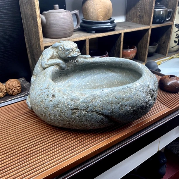仿古瑞兽石盆 火山岩花器 瑞兽花盆摆件 石盆