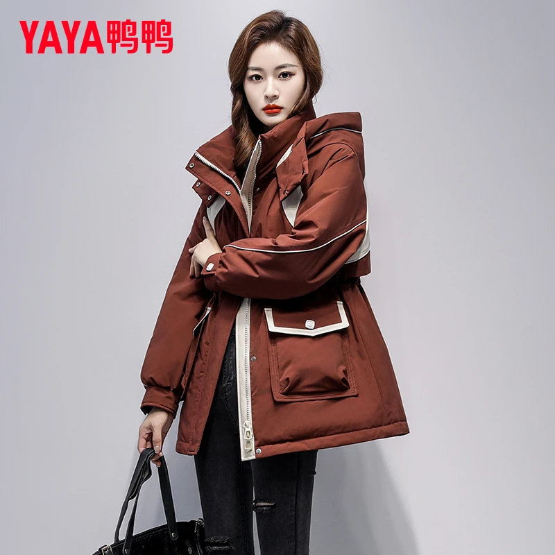鸭鸭派克羽绒服女中长款2025新款时尚收腰显瘦撞色加绒保暖外套