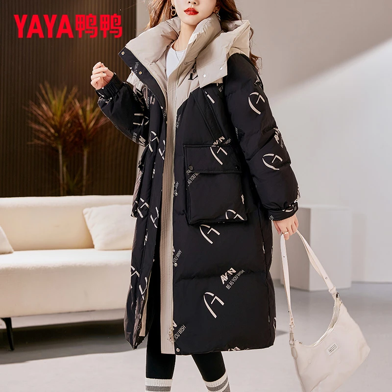 YAYA/鸭鸭2025年冬装新款羽绒服女神范加厚连帽中长款鸭绒外套