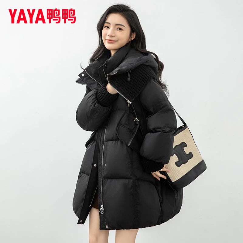 YAYA/鸭鸭中长款羽绒服女2024年冬季新款品牌时尚洋气面包服