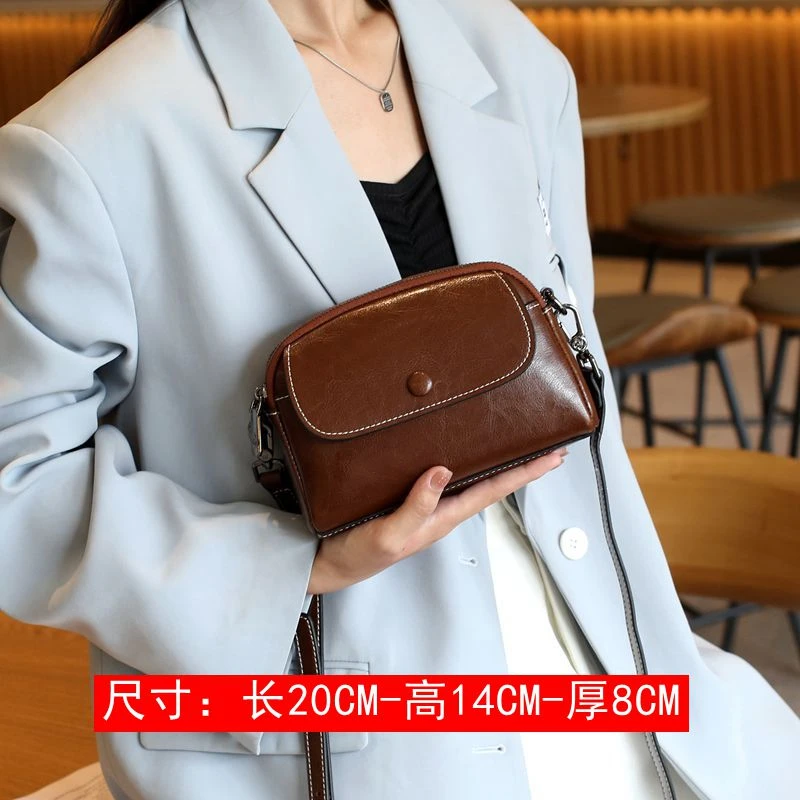 新款时尚休闲复古油蜡牛皮多隔层真皮女包单肩包女士斜挎小包包
