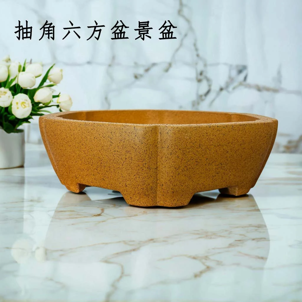 宜兴紫砂手工花盆高温柴烧浅六方花盆黄杨菖蒲罗汉松内门竹盆景盆