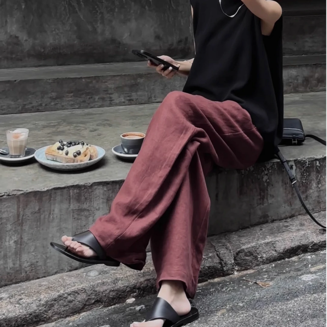 复古红亚麻裤女2025新款爆款高腰设计感极简连腰百搭弧形休闲长裤