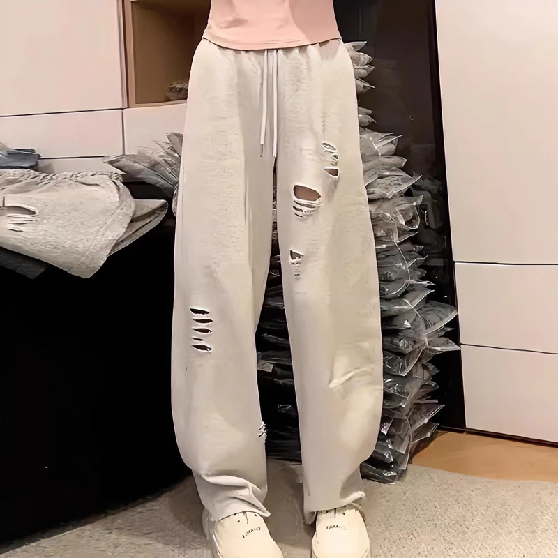 夏季薄款破洞垂感高街休闲裤女2024胖MM显瘦遮跨高腰阔腿拖地裤子