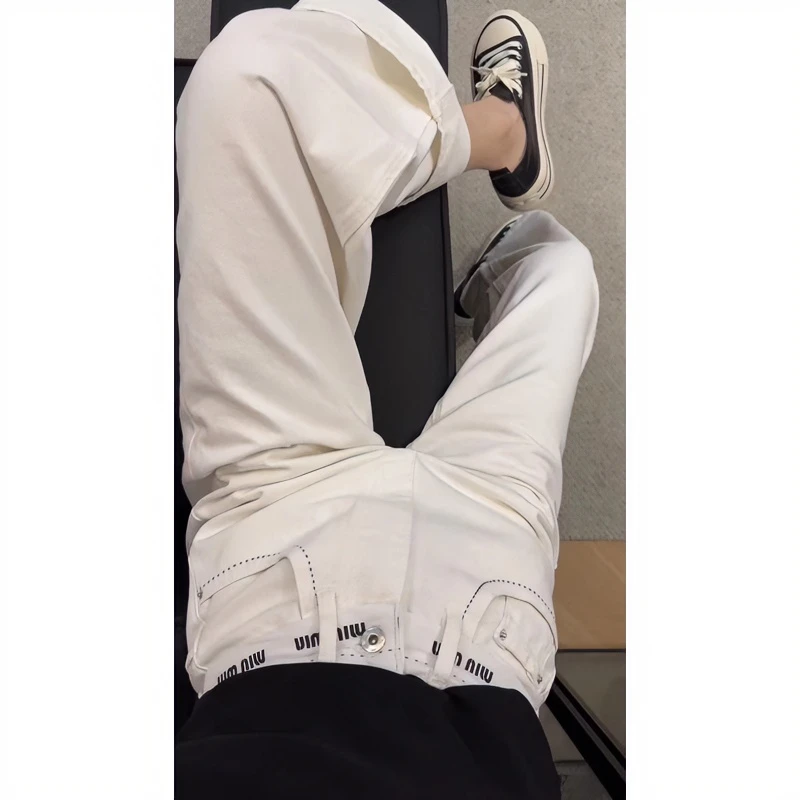 夏季新款直筒白色牛仔裤女薄款大码高腰宽松显瘦遮肉窄版阔腿裤