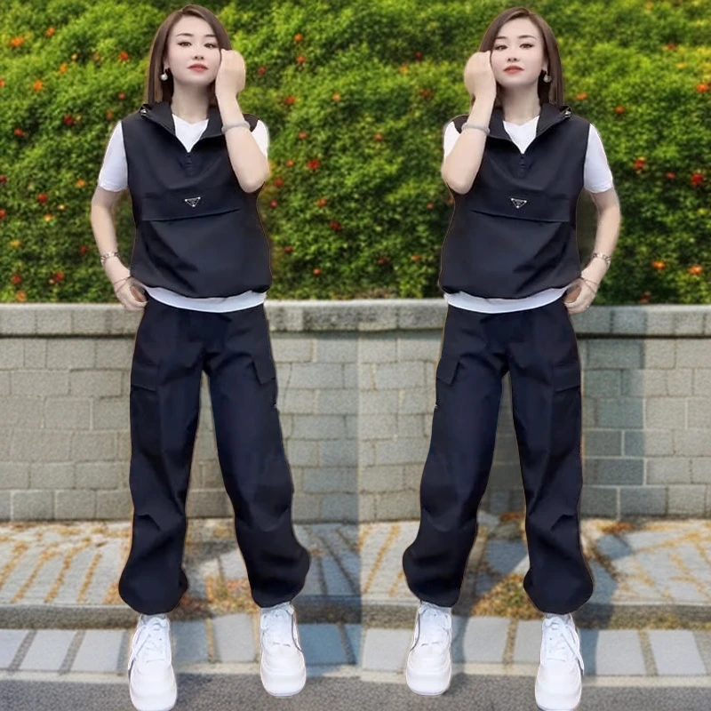爆款时尚休闲套装2024春秋款潮流连帽【马甲+短袖+长裤】帅气工装