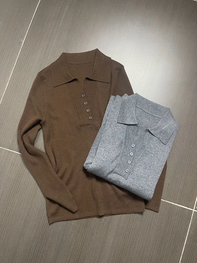 【ZH6022】法式POLO领长袖针织