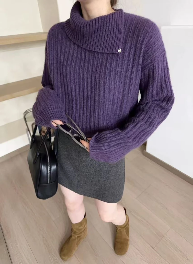 【全羊毛100】欧货慵懒风翻领设计感羊毛针织衫女2024冬季新款毛衣