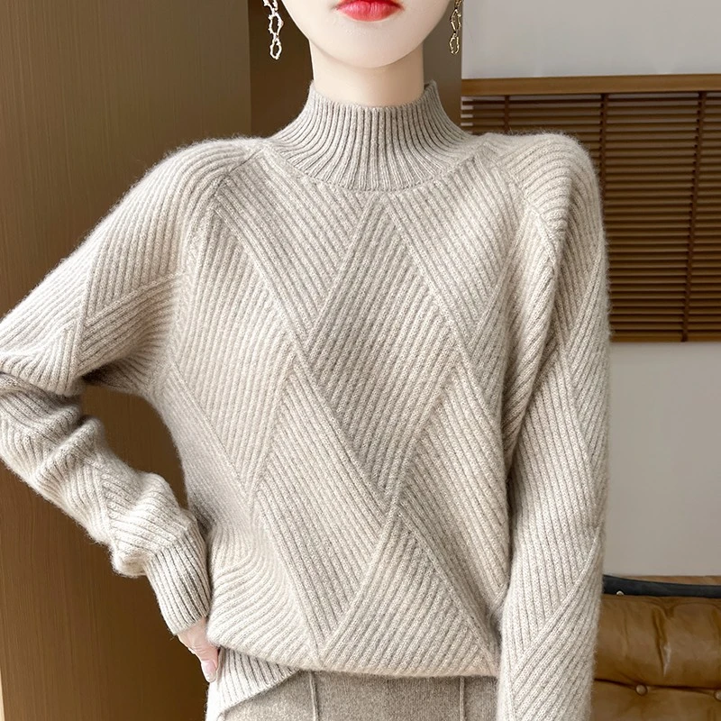 秋冬半高领100%纯羊毛衫长袖菱形加厚毛衣女显瘦慵懒针织打底衫厚
