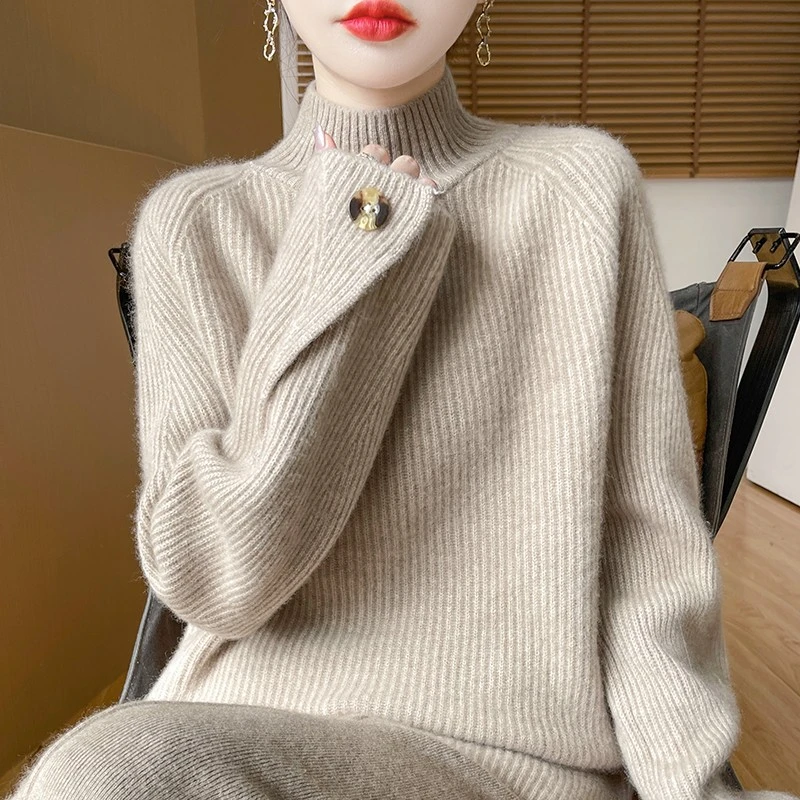 高端奢美重磅慵懒风半高领毛衫女冬季抽褶加厚100%羊毛针织毛衣