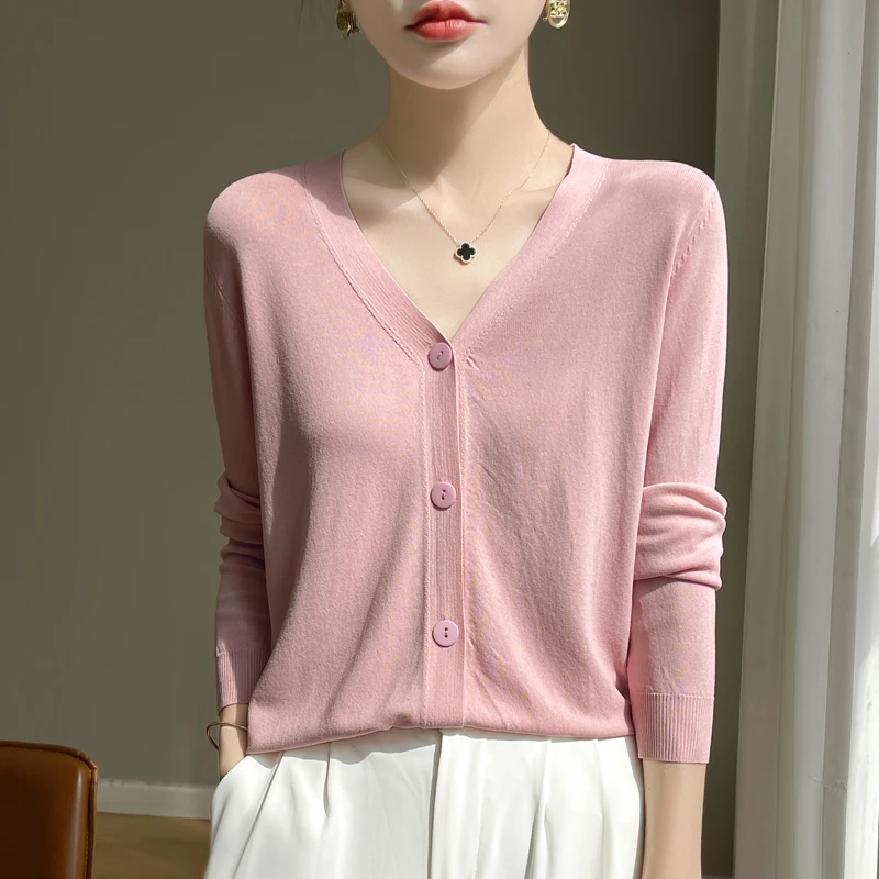 夏季新款v领冰丝开衫女宽松纯色长袖针织衫薄款空调衫外搭百搭329