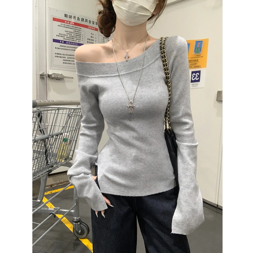 长袖上衣针织衫露肩领短款修身打底衫女款秋冬百搭女上衣