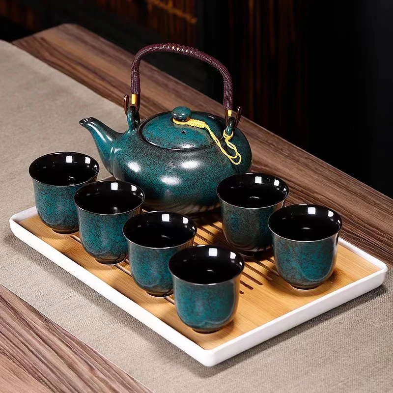 家用绿松石斑窑变功夫茶具一壶6杯办公室会客茶壶凉水壶大壶套组