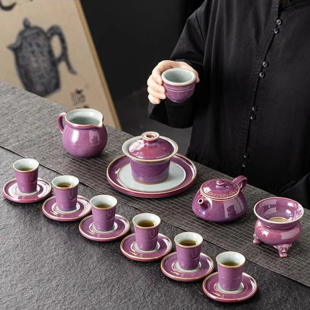 高端名贵五大名窑均窑紫均冰花轻奢功夫盖碗茶壶办公送人茶具套装