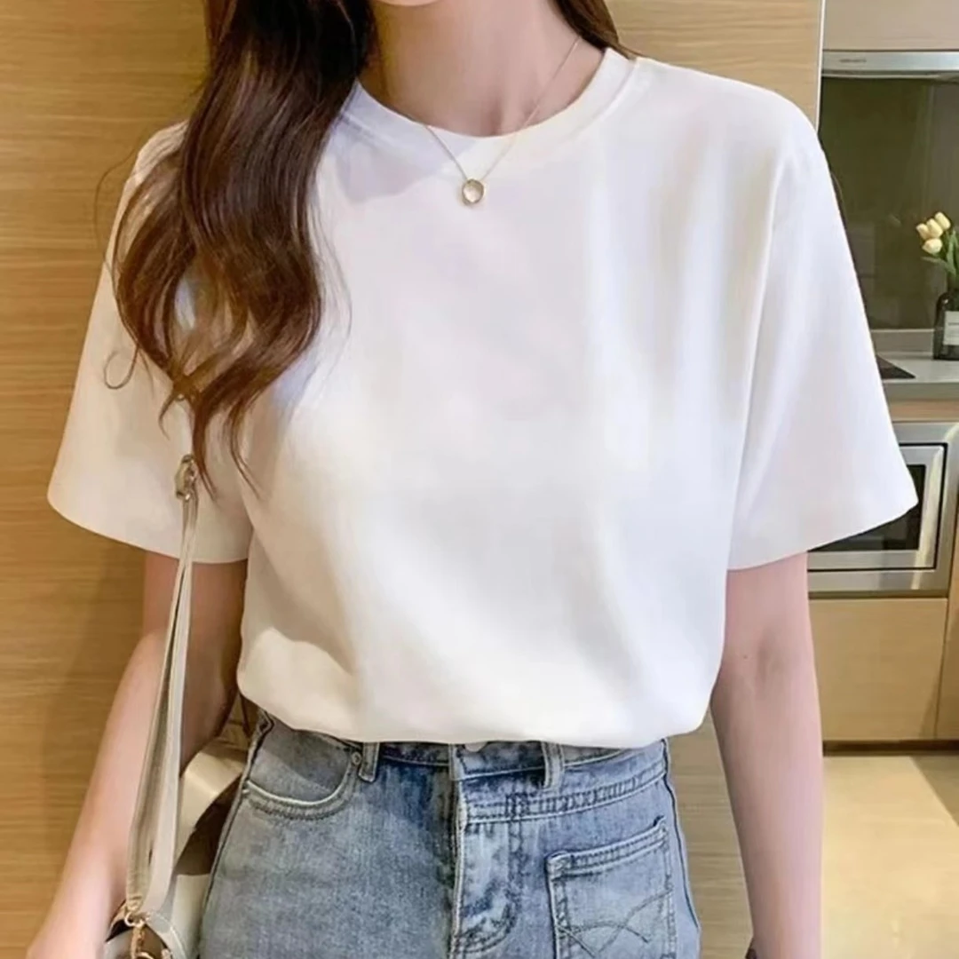 【粉丝浮利】2023夏季净版圆领半袖纯色白色t恤休闲简约女装上衣