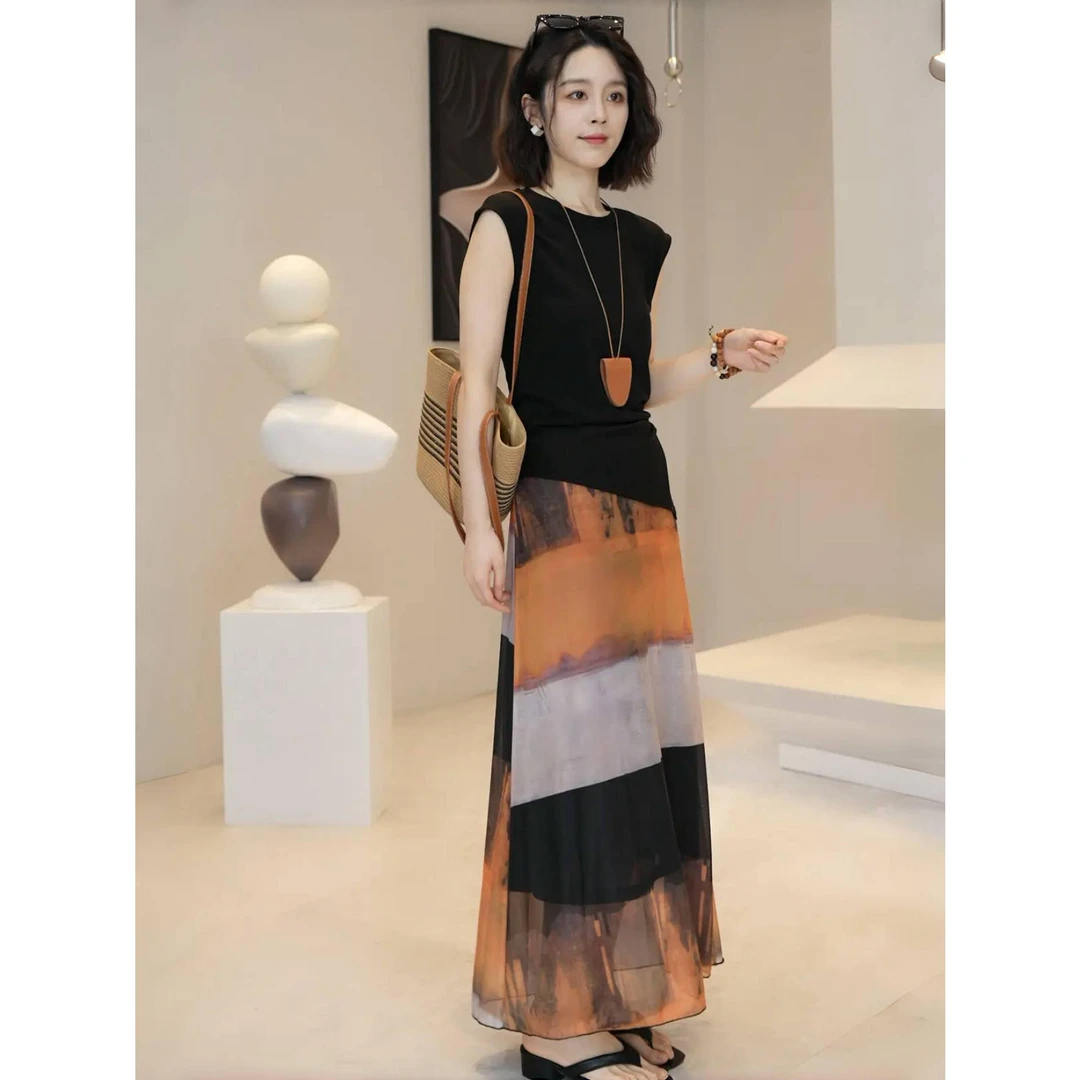 【YE YU】后纽扣镂空侧抽绳褶皱弹力T恤晕染半身长裙两件套气质套装
