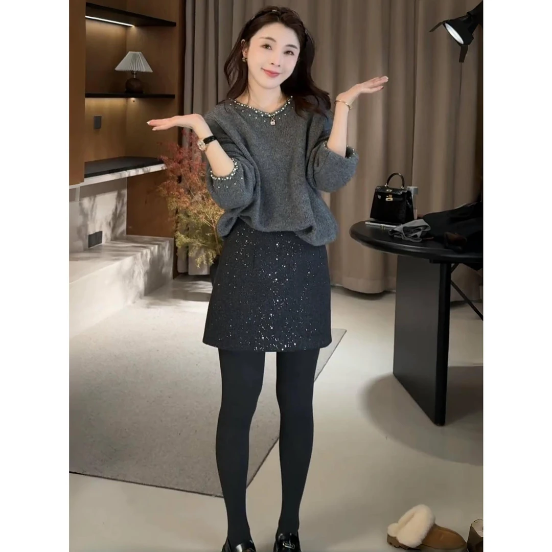 【冬日繁星】轻奢重工钉珠毛衣+韩系A字显瘦包臀半身裙两件套套装女
