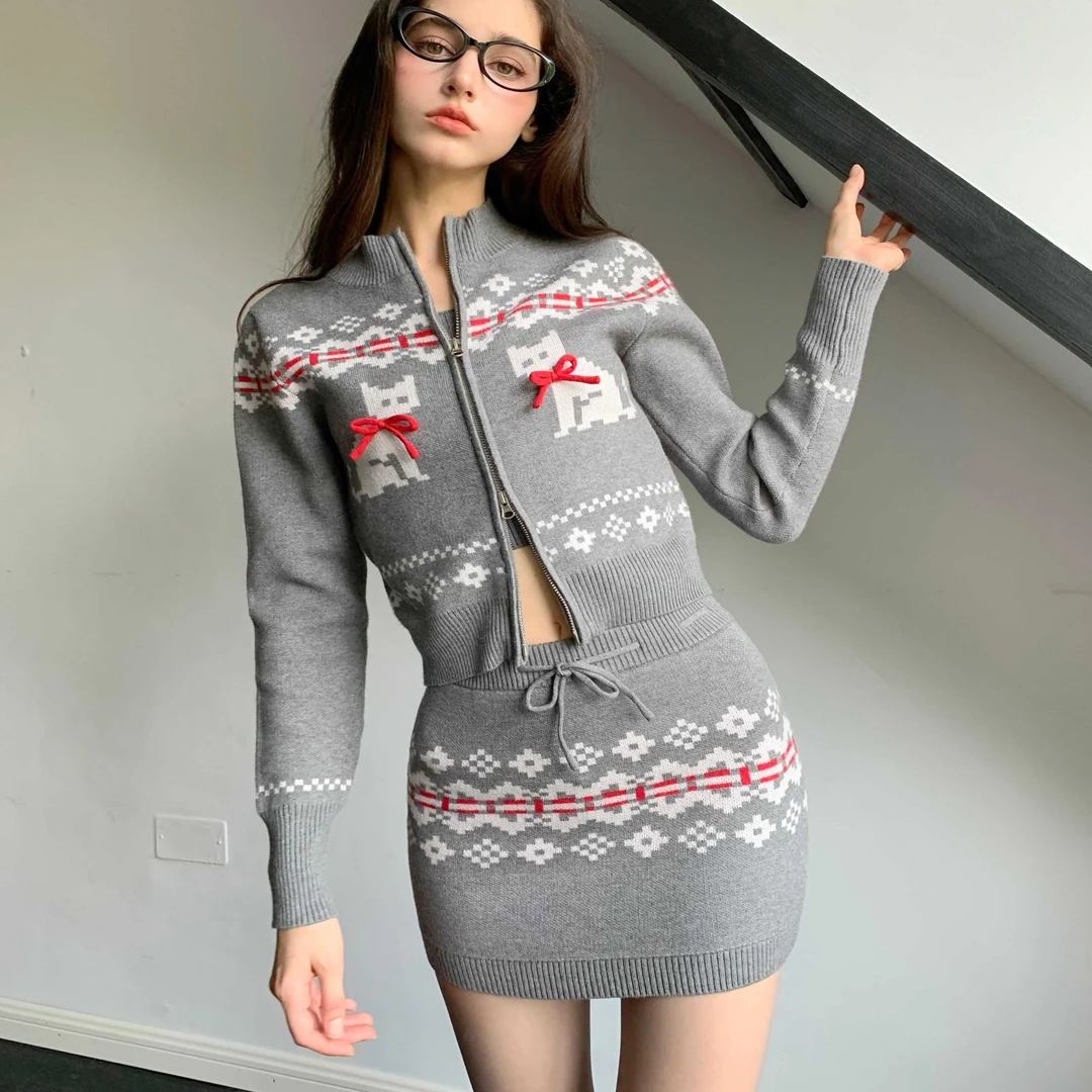 YZZI HE秋冬新款 复古费尔岛线织毛衣学院风知识分子感三件套套装