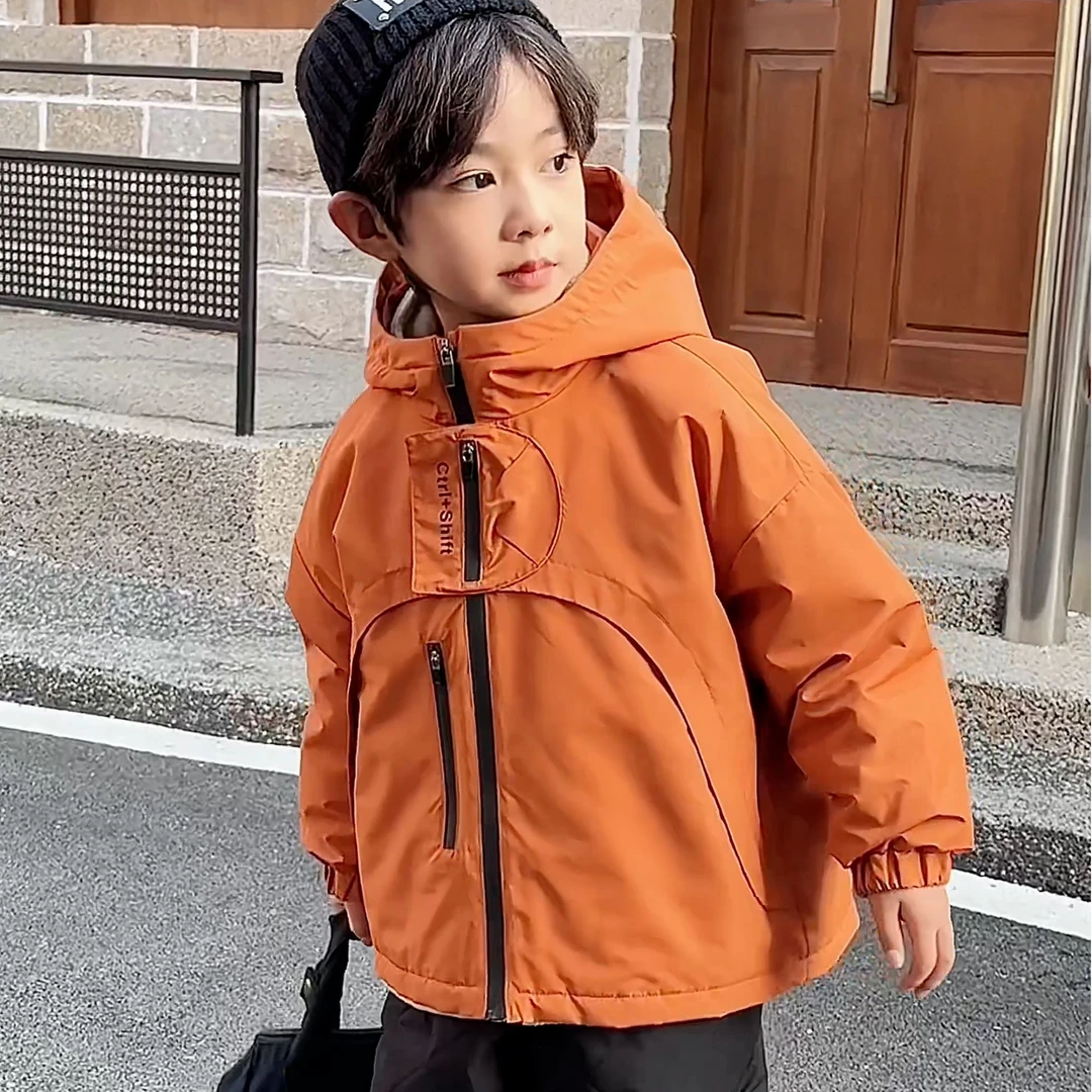 男童外套冬新款儿童酷帅可拆卸三合一防水加绒保暖橘杏连帽冲锋衣