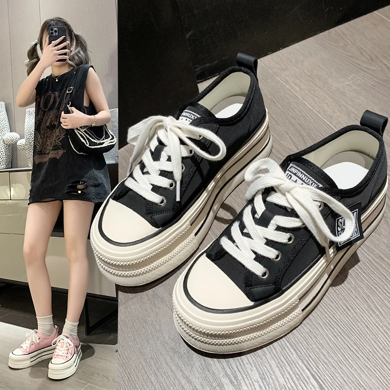 【小王专属】厚底帆布鞋2024春季奶盖韩版女复古松糕新款百搭系带