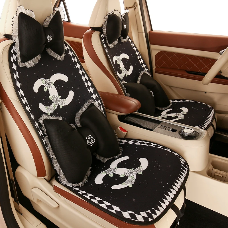 香奈儿印花汽车坐垫卡通四季通用座椅垫女士夏季冰丝车垫后排座垫