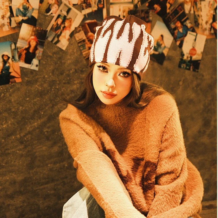 LILWET 美潮个性撞色烫钻LOGO美式包头针织冷帽