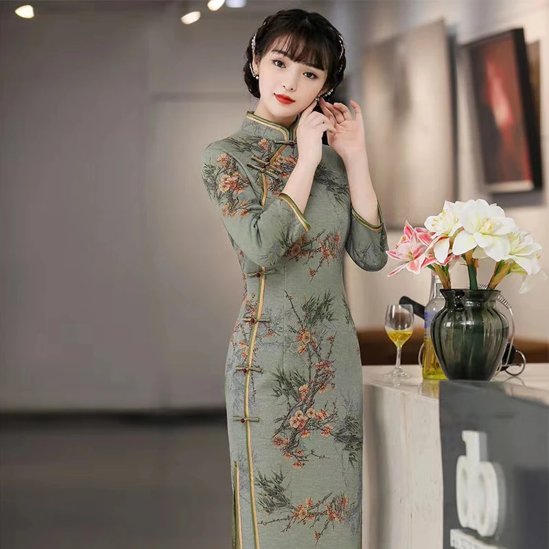 (咏梅)秋冬复古气质连衣裙日常中国风高端显瘦中长款长袖旗袍印花