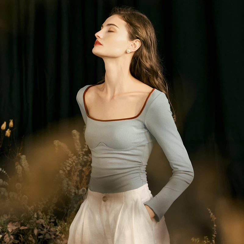 宝诗嫣带胸垫保暖内衣女秋冬季方领修身肌底上衣内搭打底衫B4S513