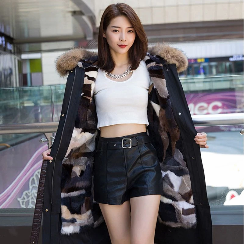 派克服修身加绒休闲连帽大毛领户外水貂内胆女士款冬季时尚衣服