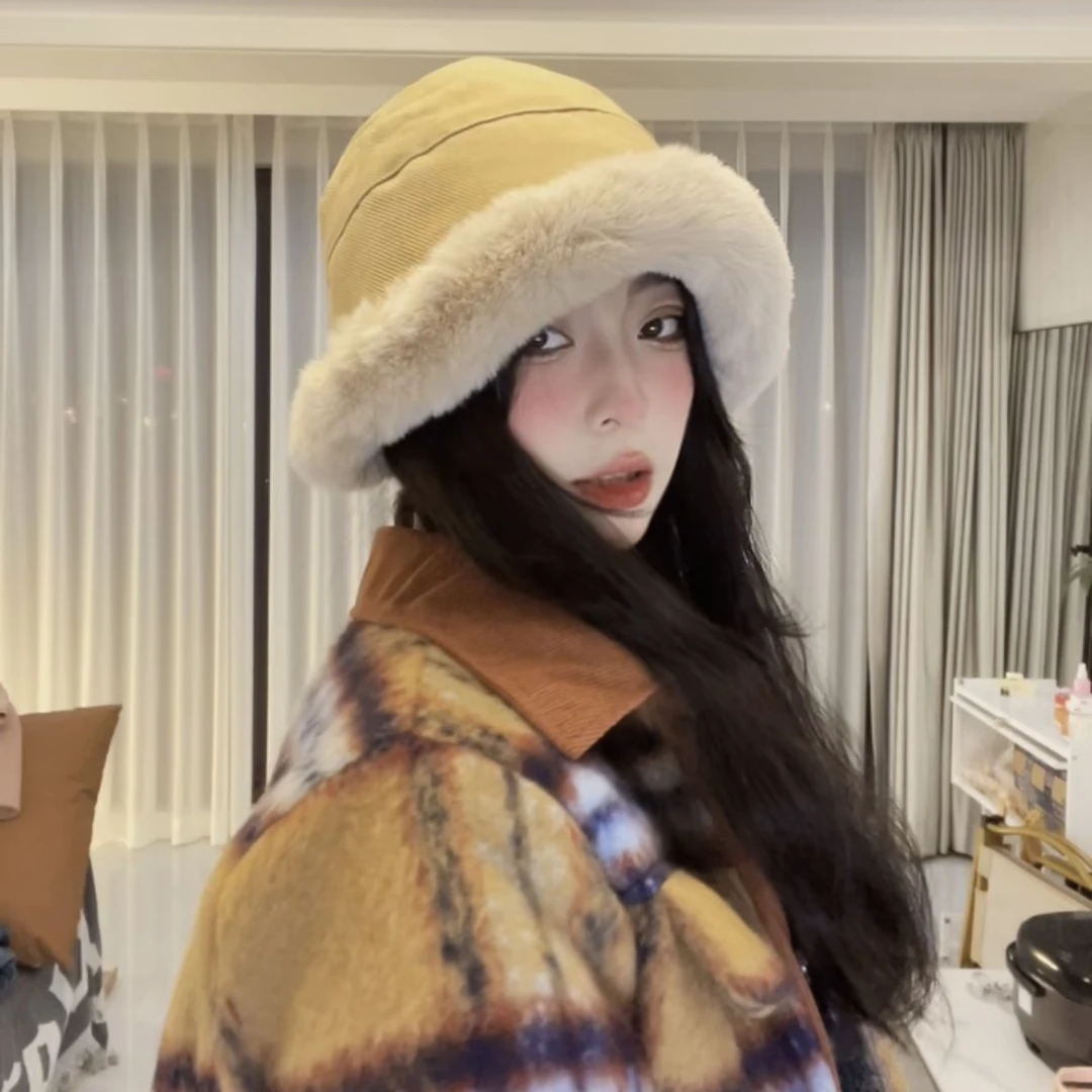 毛绒绒素颜遮脸保暖渔夫帽子女秋冬季防寒加厚护耳百搭显脸小盆帽