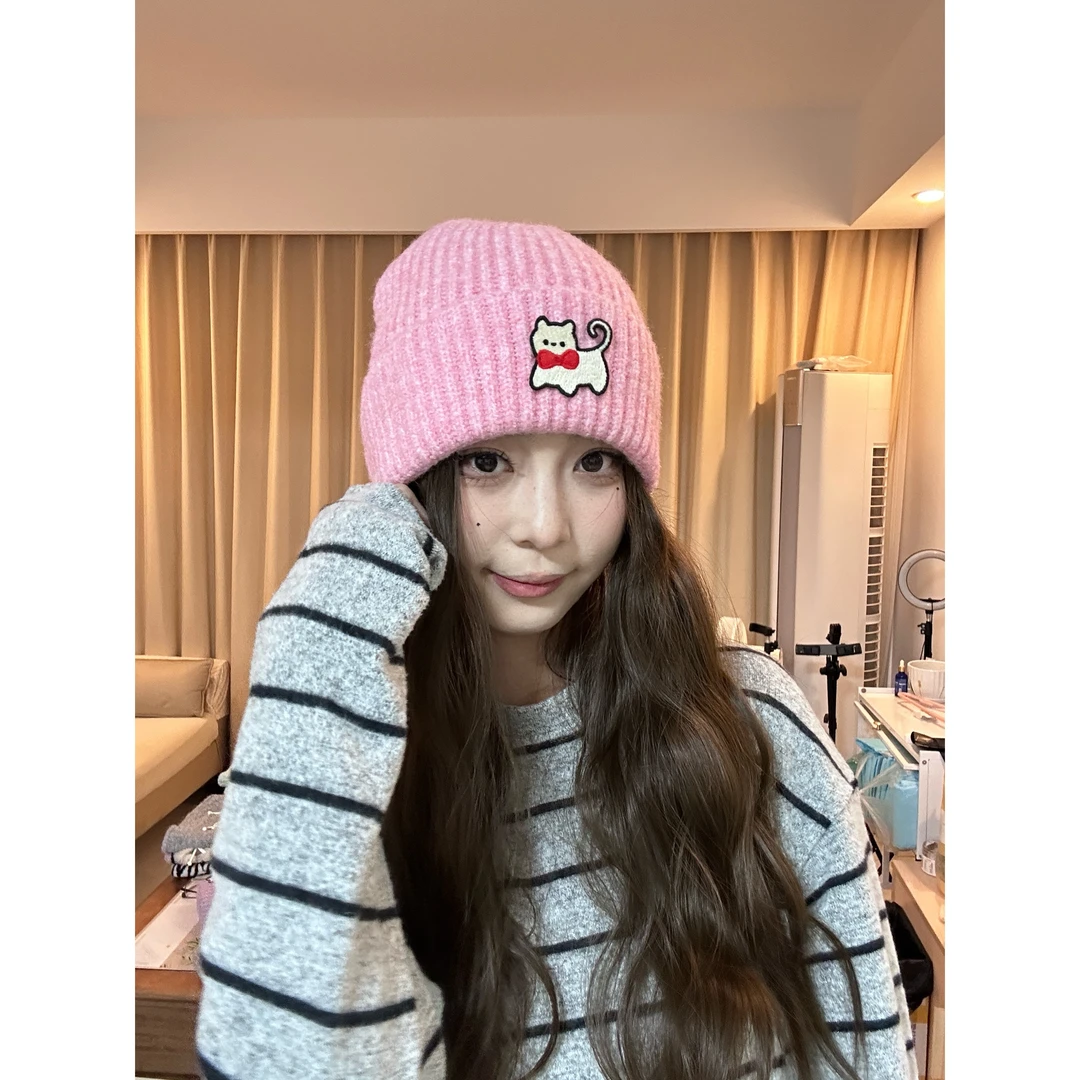 可爱小狗刺绣针织毛线帽子女秋冬季百搭大头围显脸小保暖包头冷帽