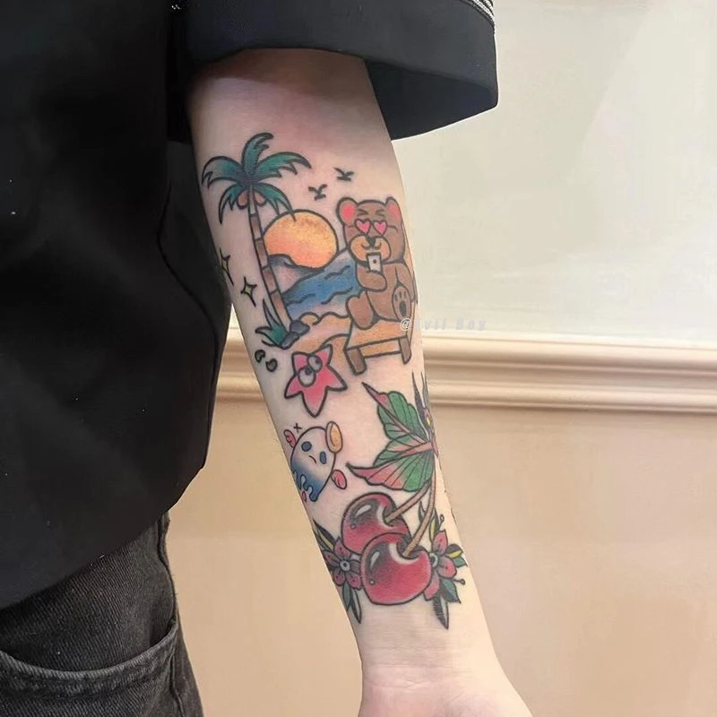 夏日oldschool拼接花臂彩色纹身贴高级霸气潮酷社会辣妹防水真实