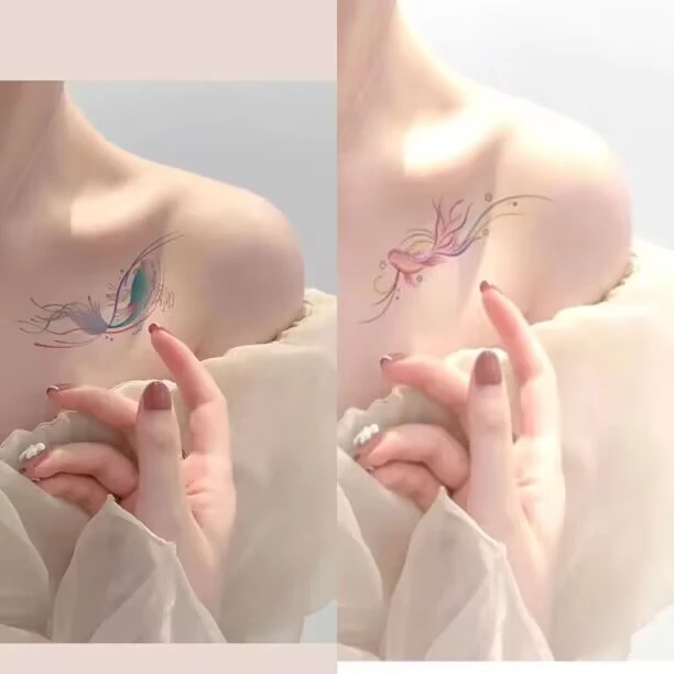 粉色少女锁骨锦鲤纹身贴防水持久个性花臂辣妹少女贴画显白可遮疤