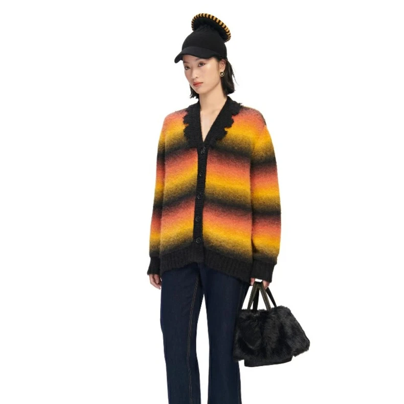 【COM设计师品牌】迷幻渐变条纹毛边翻领开衫外套