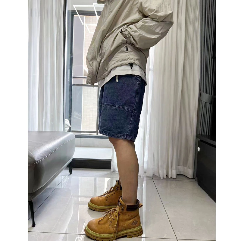 美式新款复古蓝水洗牛仔短裤男女潮牌工装松紧腰宽松阔腿五分裤子