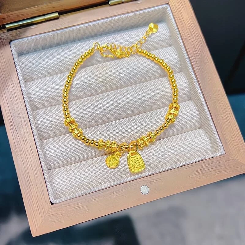 合金手链 【高定】时尚经典 福牌锤纹珠珠手链延长链可调 久不掉色