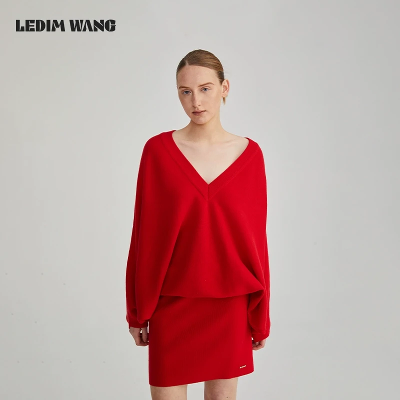 1LEDIM WANG红色蝙蝠袖针织连衣裙女慵懒风氛围感气质保暖冬新品