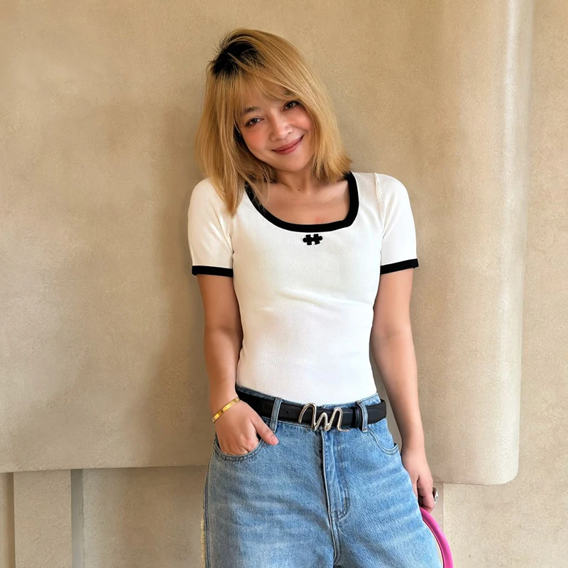 1LEDIM WANG 拼图撞色针织T恤2024春夏季新款圆领修身短袖体恤女