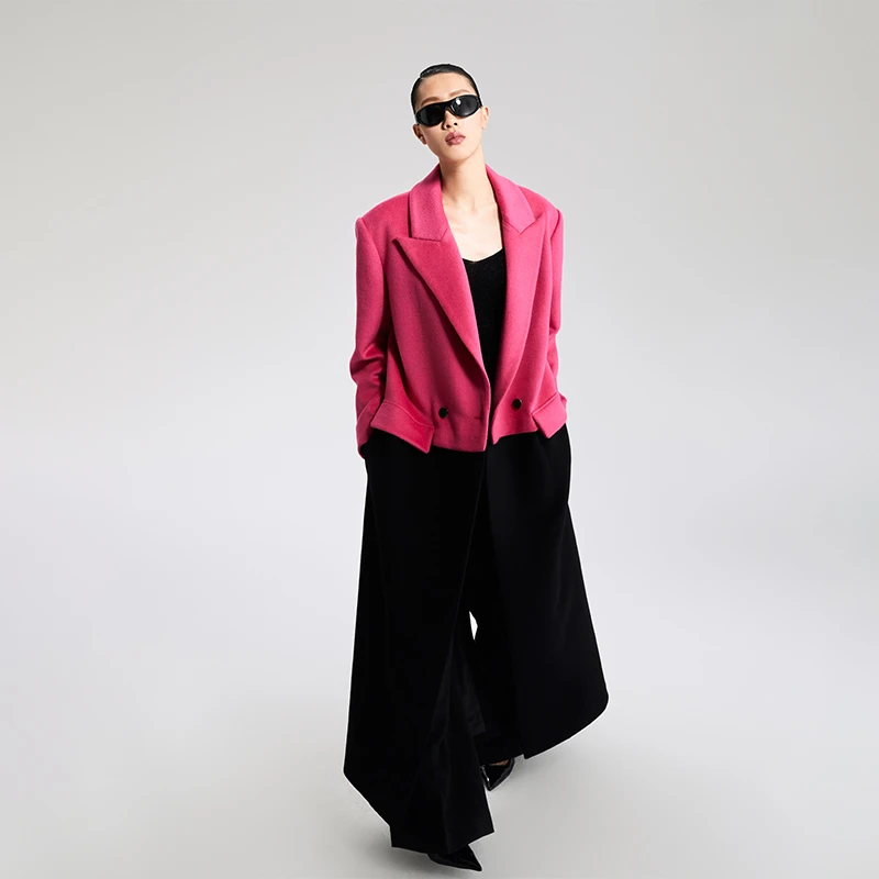 1LEDIM WANG秋冬撞色休闲宽松低腰线直筒设计师气质中长款大衣