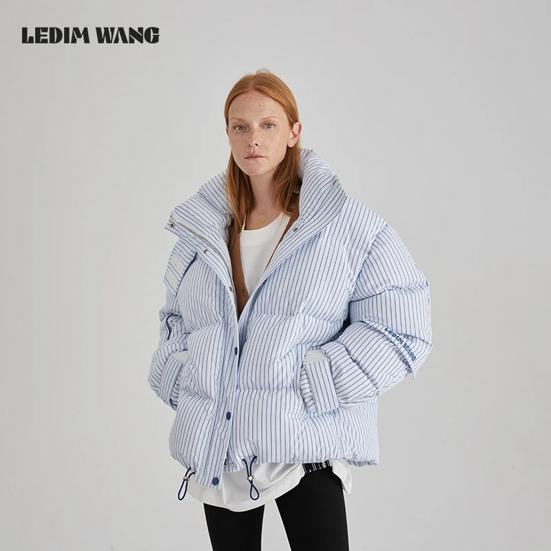 1LEDIM WANG撞色条纹立领短款保暖羽绒服女2024冬季新款阔形外套