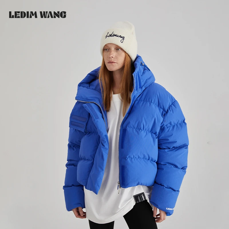 1LEDIM WANG【明星同款】蓝色连帽短款保暖羽绒服女24冬保暖外套