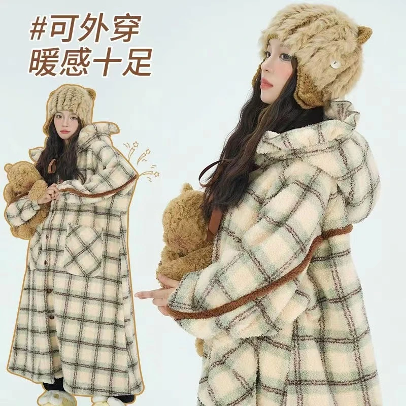 秋冬款加绒加厚大码简约保暖时尚连帽可外穿睡袍