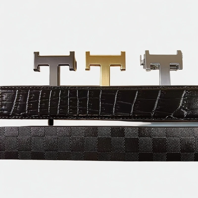 通用带扣男士裤带百搭经典男款平滑扣黑色腰带时尚商务鳄鱼纹皮带