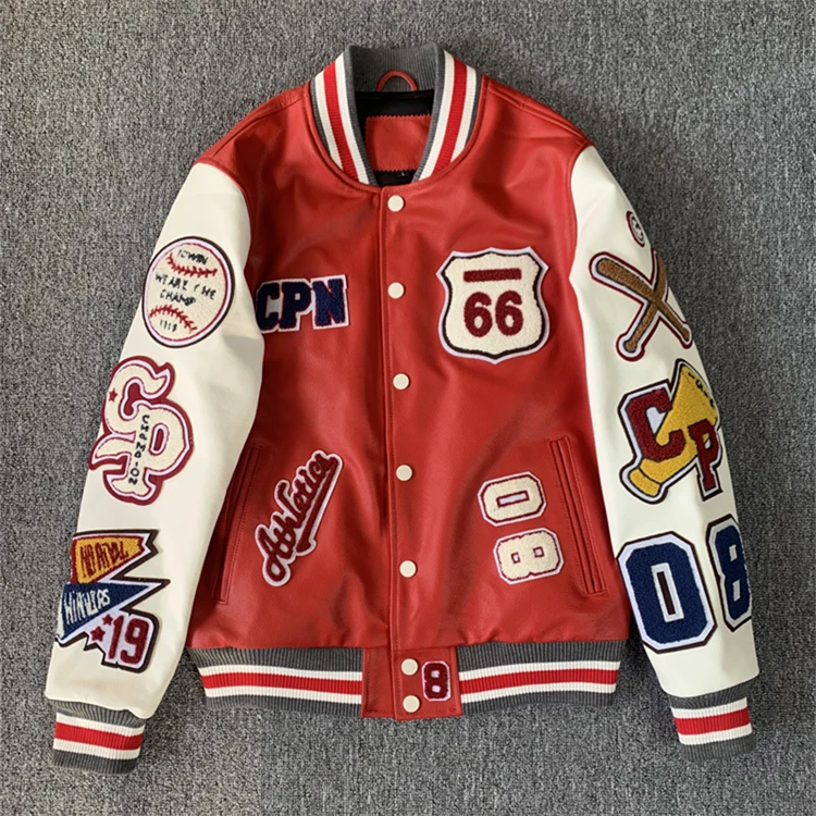 春秋新款红白撞色66柔软头层小牛皮多标刺绣棒球服真皮外套上衣